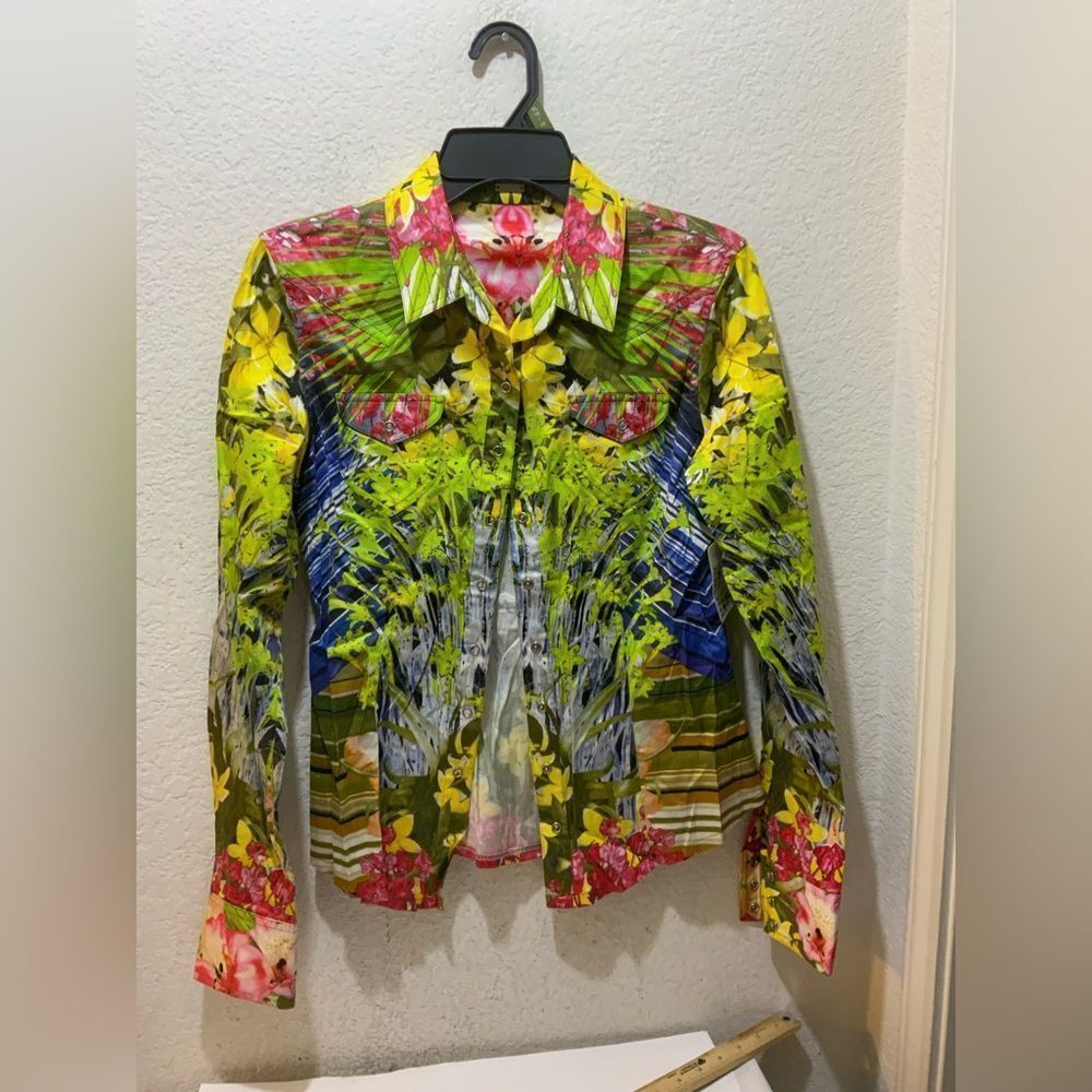 Elie Tahari Womens Sz S Shirt Snaps Long Sleeve Pockets Bright Floral